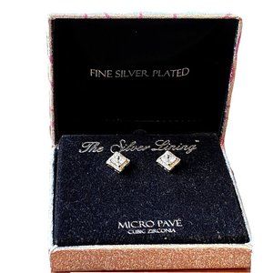 Fine Silver Plated Micro Pave Cubic Zirconia Square Stud Earrings NEW in Box